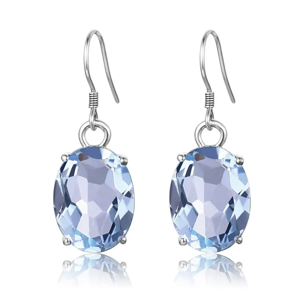 

Szjinao Silver Earrings For Women Real 925 Sterling Silver Egg Shape Gemstones Shiny Aquamarine Long Drop Earrings Fine Jewelry