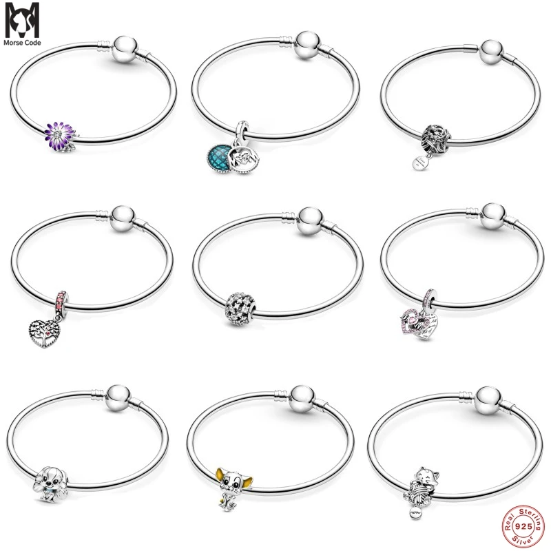 

MC Plata ley 925 Silver 1set Vintage Smooth Bracelets With Beads Pendants Fit For Pandora Style Bracelet Charms DIY Jewelry