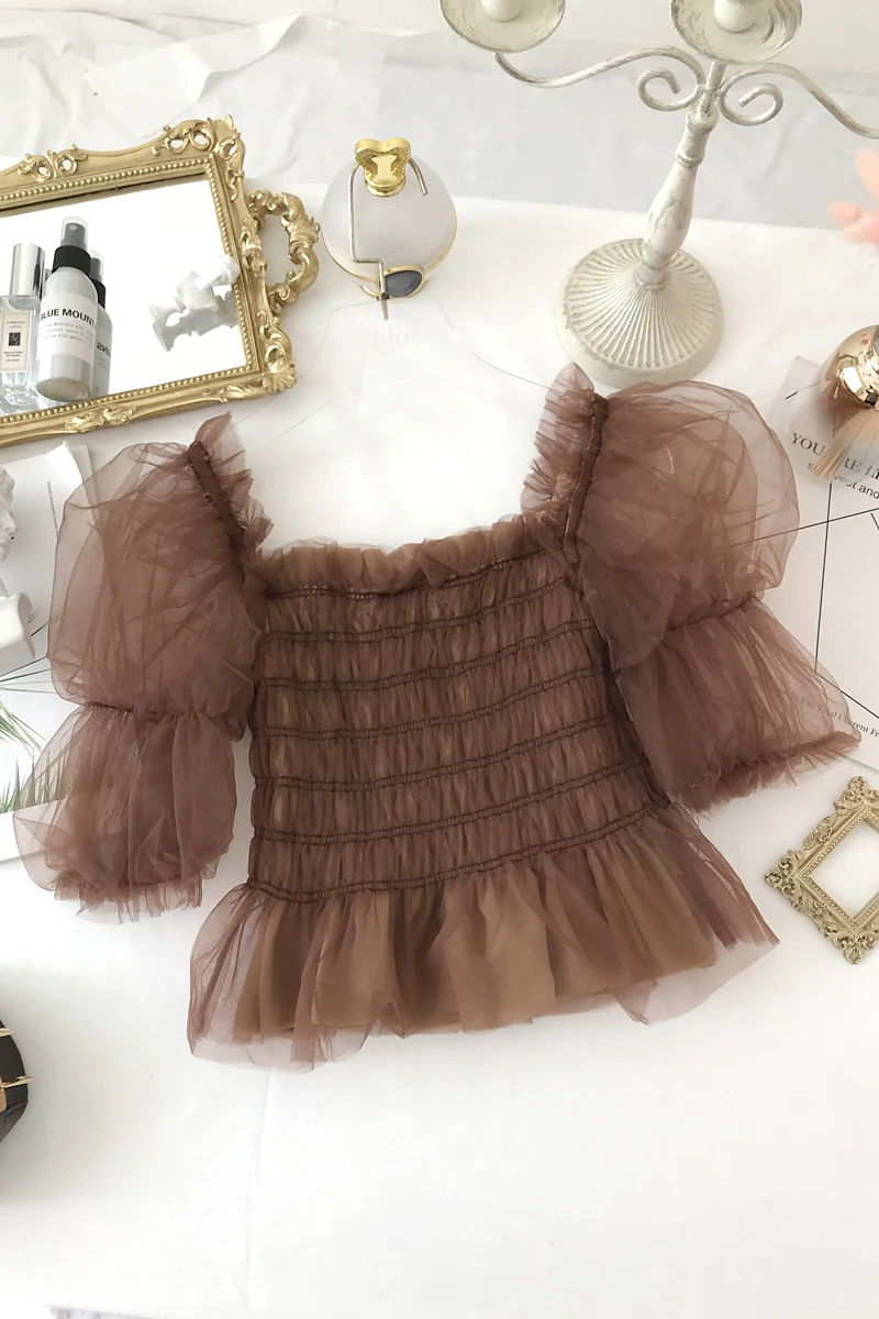 

French Retro Sweet Blouse Women's 2021 Summer New Puff Sleeve Square Collar Slimming Pleated Gauzy Shirt Crop Top Female Blusas