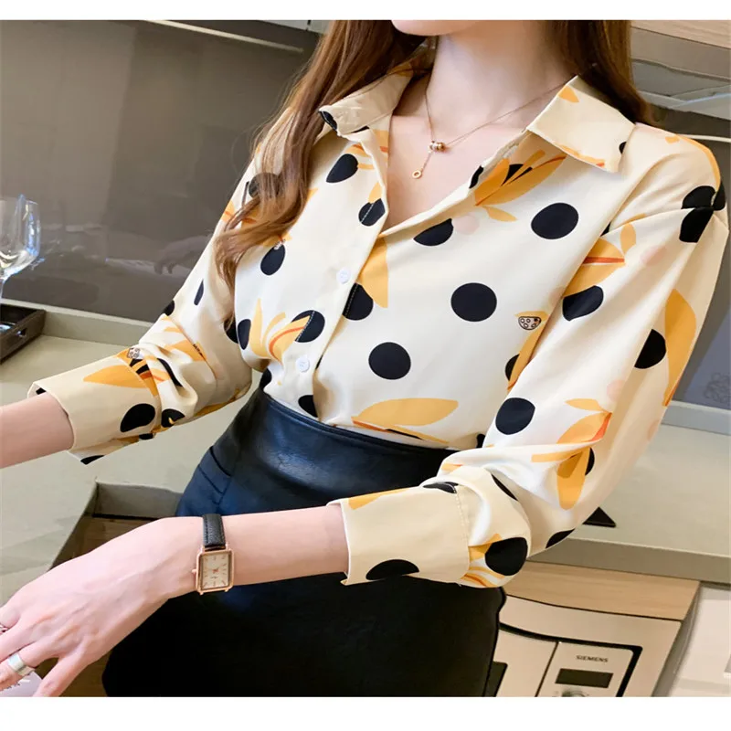 

Женская блузка в горошек, свободная офисная рубашка с длинным рукавом и отложным воротником, осень 2021