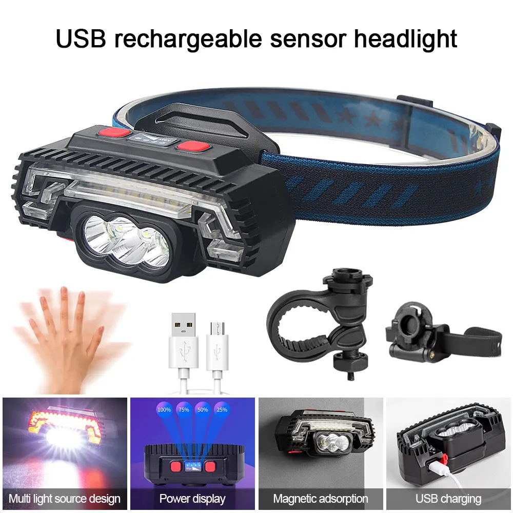 

10W 3T6+L2+SMD IR Sensor LED Headlamp Waterproof Recharge Headlight Built-in Battery+Car Clip&Banding As Bike Front&Tail Light