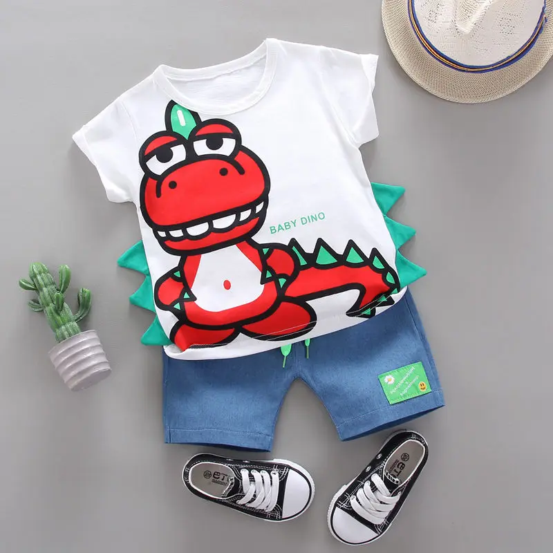 

Children Cotton Clothes Summer Baby Boys Dinosaur Modeling O-Neck T Shirts Denim Shorts 2Pcs/Set Infant Kids Tracksuits 0-5 Year