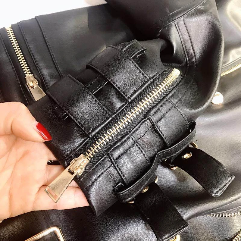 2021 New Fashion Designer Women's Leather Jacket Buttons Double Zippers Motorcycle Biker Faux Coat Spring PY160 | Женская одежда