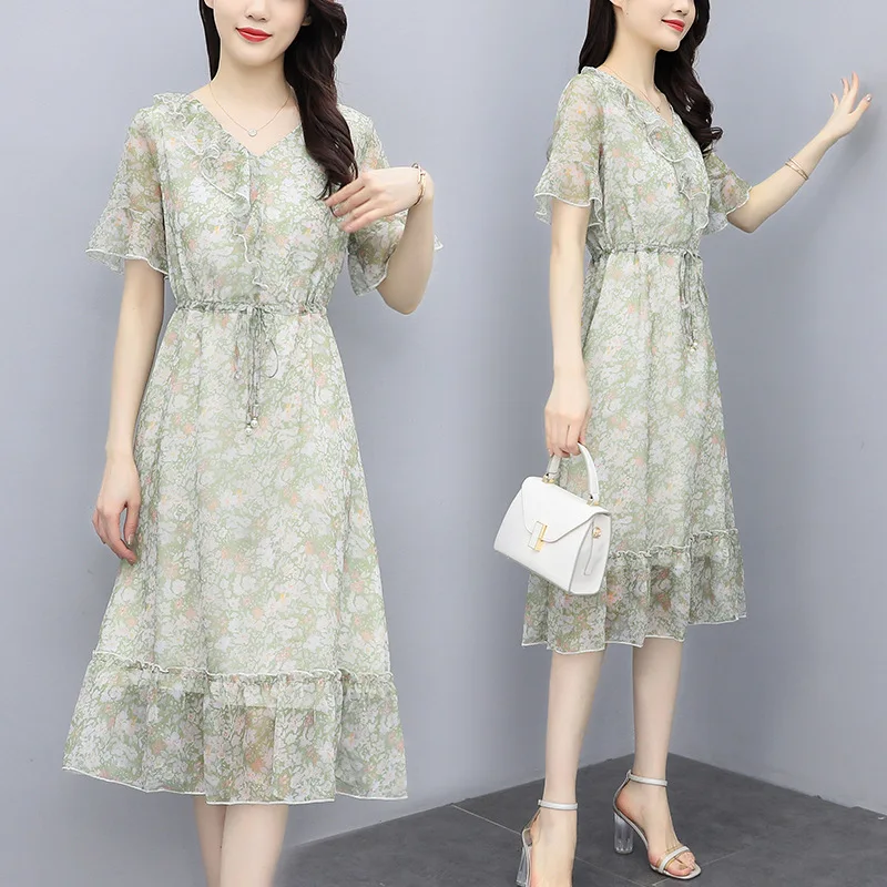 

Real shot women's summer new fashion Joker waist slimming meat floral aging elegant chiffon dress in the long section