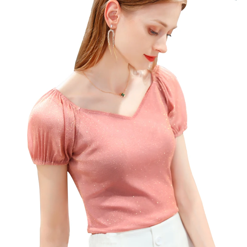 

V-Neck Short Sleeve T-Shirt Women's 2021 New Summer Bright Silk Base Shirt Pleated French Bubble Sleeve Top Elegant T-Shirt