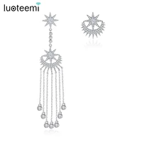 luoteemi unique asymmetrical moonstar long dangle drop earrings for women girls dating wedding clear cz fashion jewelry gifts