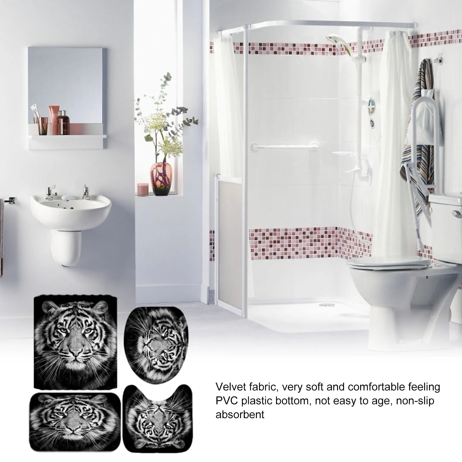 

4pcs/set Waterproof Tiger Bathroom Carpet Bath Shower Curtain Bathroom Absorbent Non-slip Floor Mat Home Bathroom Mat