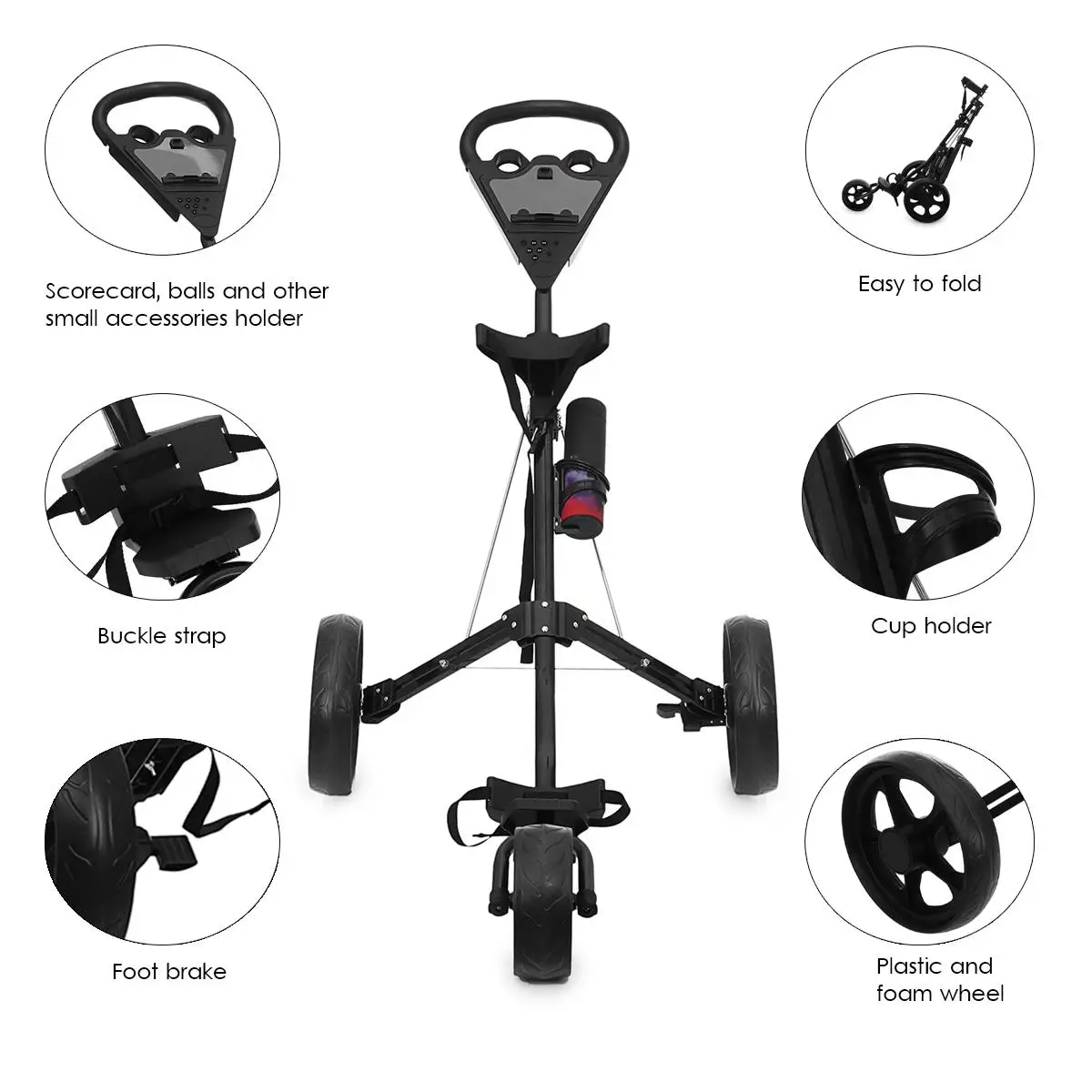 

3 Wheels Golf Trolley Push Cart Professional Folding Golf Bag Trolley Scorecard Cup Holder Foot Brake Multifunctional Carrier