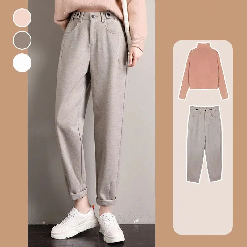 

Women 2021 Autumn Winter New Fashion Wool Harem Pants Female Ankle-length High Waisted Pants Ladies Casual Wool Trousers Y493