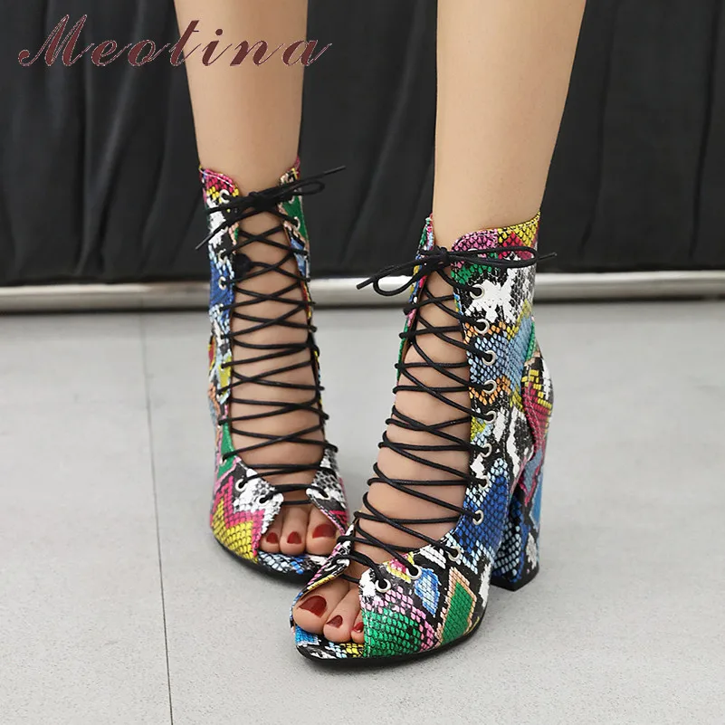 

Meotina Summer Boots Shoes Women Mixed Colors Chunky Heels Short Boots Lace Up Extreme High Heel Shoes Ladies Large Size 33-46