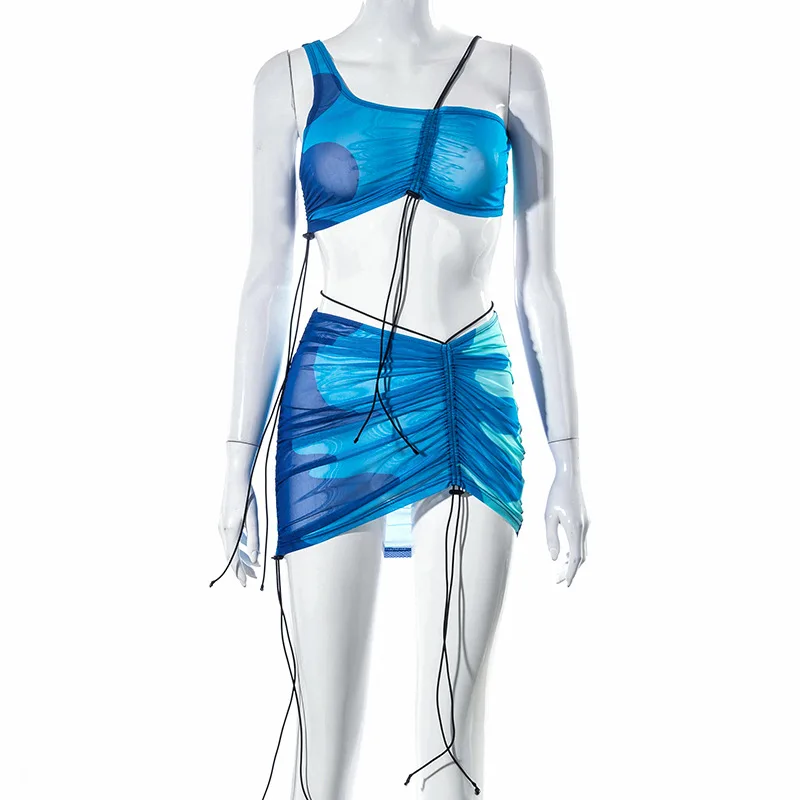 

European and American women's 2021 spring and summer new printed sleeveless mesh see-through drawstring skirt suit