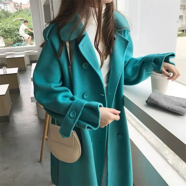 

Double sided cashmere coat women's medium length 2021 new Korean casual loose knee double row button wool coat