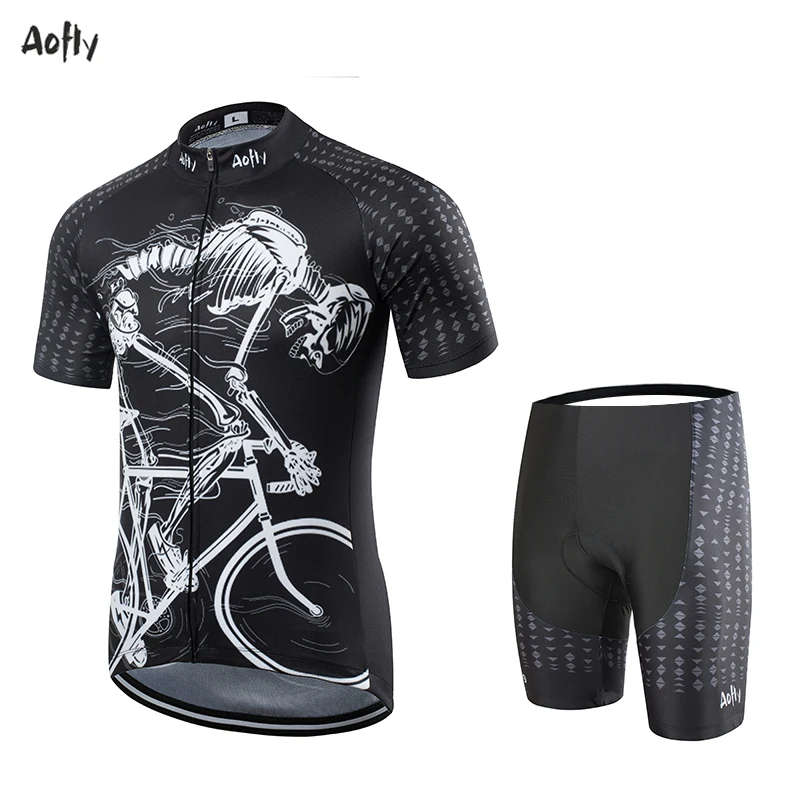 Aofly Team Cycling Jersey MTB Cycling Shorts Maillot Culotte Ciclismo Hombre Sleeve Tight Skeleton Pattern Man Bike Equipment images - 6