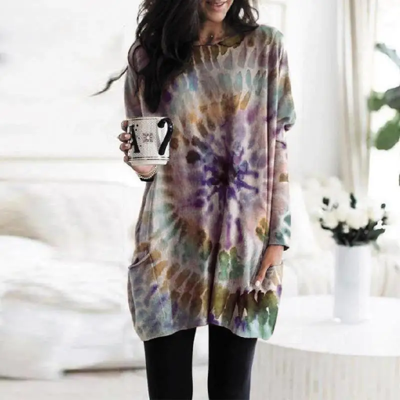 

Autumn and winter women's printed spiral bat sleeve long sweater dress