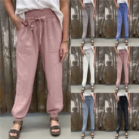 2021 women fashion drawstring elastic waist solid cotton linen harem pants ladies casual loose jogger pants trousers