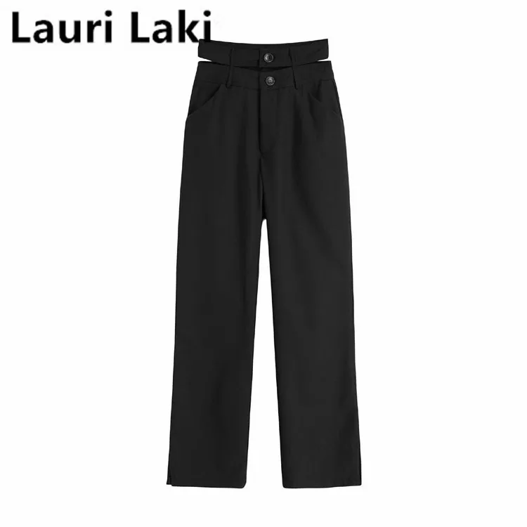 

Женские прямые брюки Lauri Laki, Черные Мешковатые брюки-блейзер с высокой талией, винтажные уличные брюки, большие размеры, осень 2020