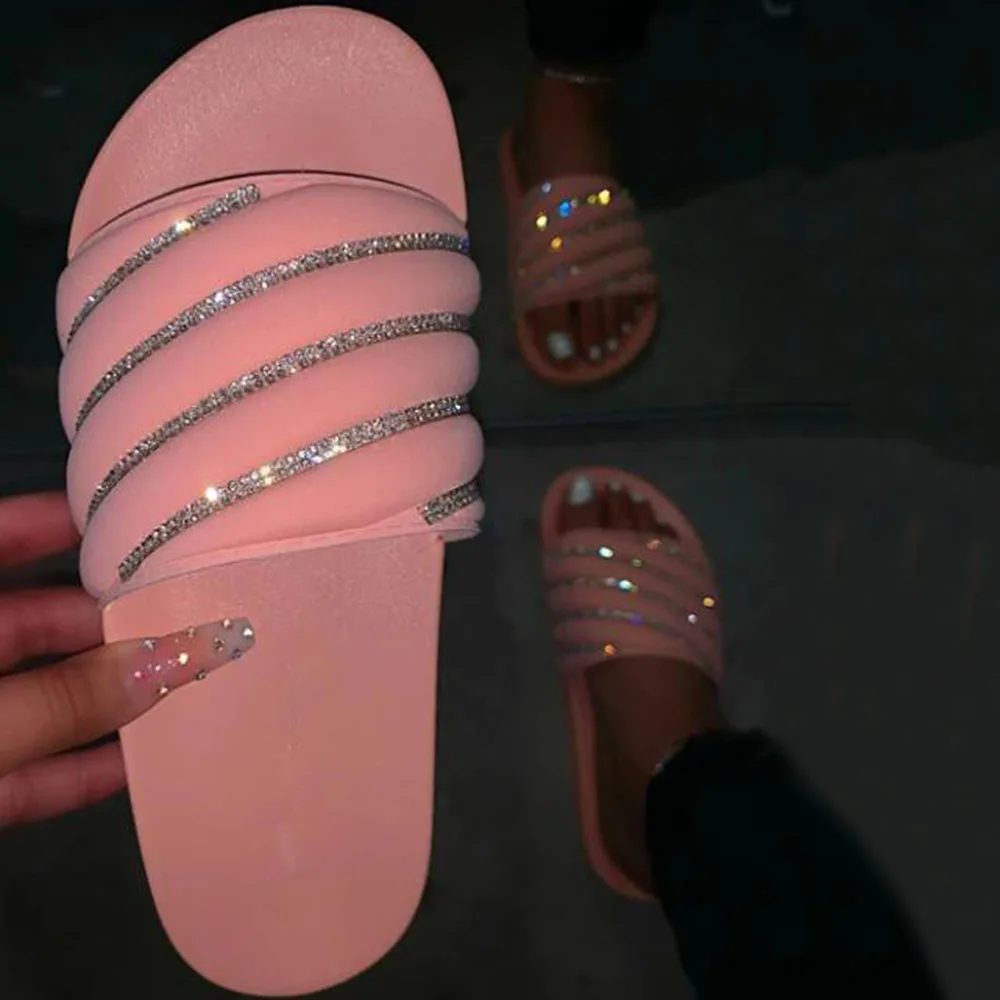 

Rhinestone Slippers Comfortable Flat Female Slippers Fashion Wild High Quality Handmade Outdoor Size Plus Size Slippers