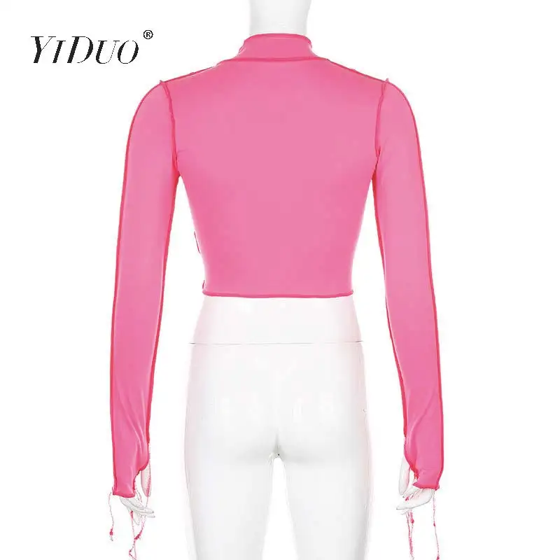 

YiDuo Red Ribbed Streetwear Crop Top Long Sleeve T-Shirts Women Hollow Out Sexy Party Clubwear Cross Bandage Autumn Tops