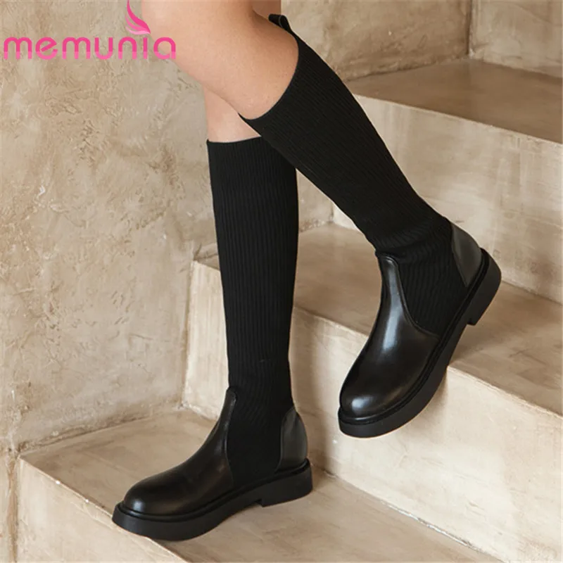 

MEMUNIA 2021 New Arrive Knee High Boots Women Genuine Leather +Knitting Stretch Boots Women Low Heel Casual Shoes Ladies