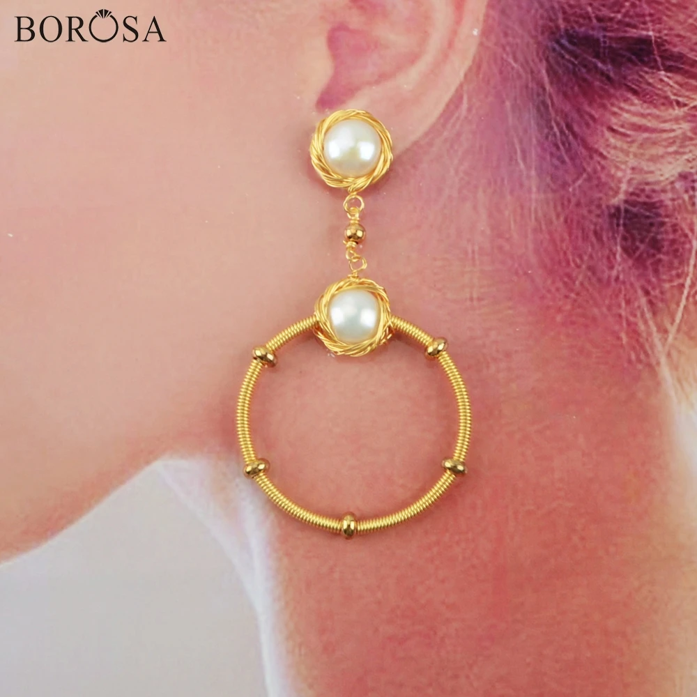 

BOROSA 2/3Pairs Circle Asymmetrical Freshwater Pearl Dangle Earrings in Gold Wire Wrap Geometric Natural Pearl Earrings WX1212