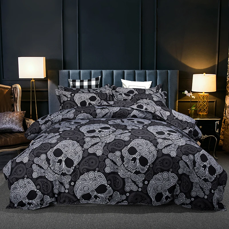 Комплект постельного белья с изображением черепа и цветов пододеяльник рисунком