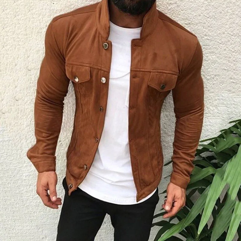 

New Men Jacket Faux Suede Slim PU button Work Tool Pocket Jacket Autumn Casual Overcoat M-3XL