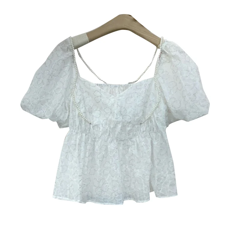 

VGH Elegant Solid Shirt For Women Square Collar Puff Short Sleeve Patchwork Loose Korean Blouses Female Summer Fashion 2021