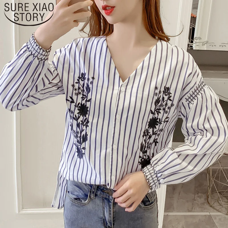 

2021 Autumn New Stripe Embroidered Women Blouses V Neck Sexy Long Sleeve Women Shirts Regular Ladies Tops Plus Size 6422 50