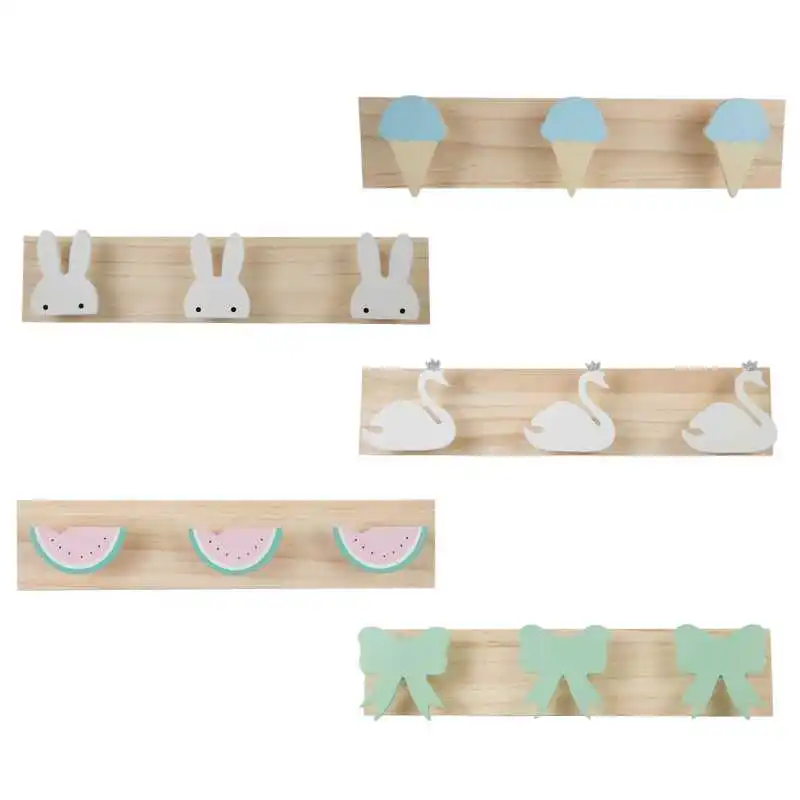 Children room hook Wall mounted Hanger with Multi hook Rack Wooden Clothes Peg Cartoon