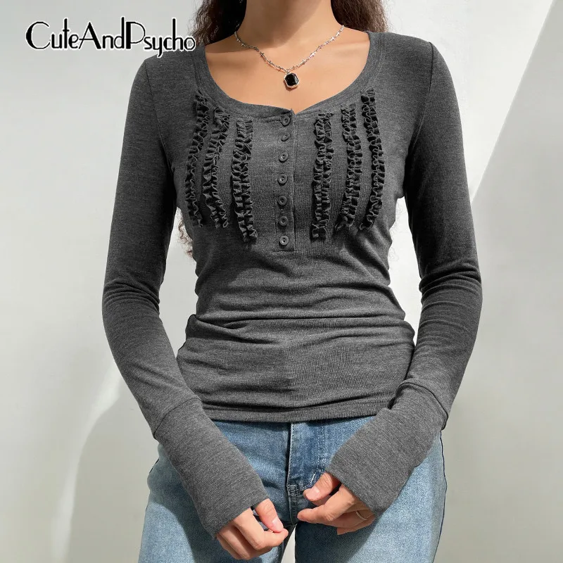 

Серая Ретро футболка с рюшами на пуговицах Y2K, эстетичные однотонные повседневные топы, футболки, базовая винтажная Осенняя Милая одежда с к...