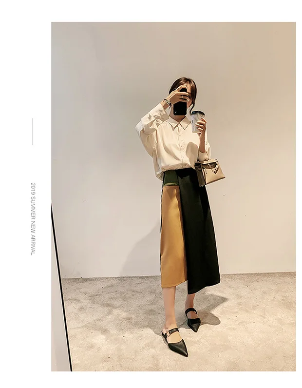 Patchwork Color Women 2019 Autumn Winter Fashion High Waist Irregualr Slim Skirts Female Casual Street A-Line |