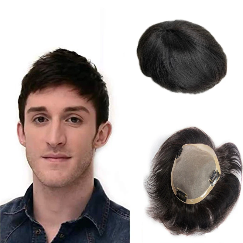 Natural Black Colored Men'S Toupee Hairpieces PU Replacement System Human Hair 6 Inch Lace Remy Hair Toupee For Men 8X10 