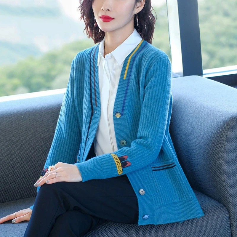 Женский вязаный свободный свитер PEONFLY синий кардиган с V-образным вырезом и