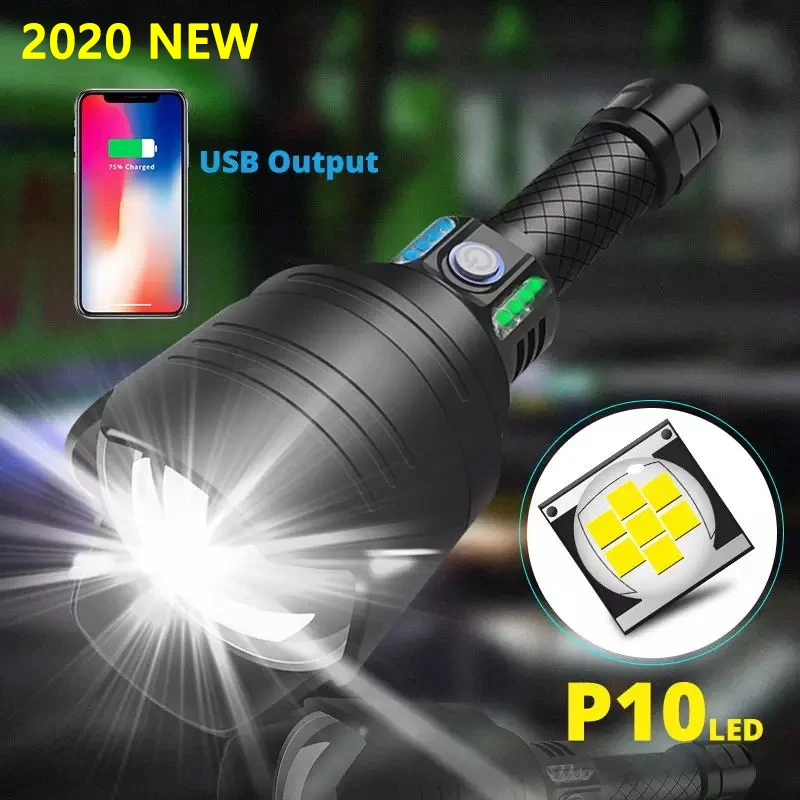 

2020 NEW Super 7core P10 LED Flashlight 52W 18650 Zoom Lamp Powerful Torch Floodlight Power Bank Camping Hunting Work Lamp Black