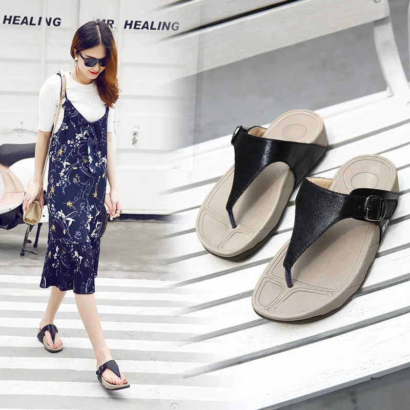 

2021 simple women's slippers women's beach seaside buckle thick-soled flip flops thick-soled wedges women sandals
