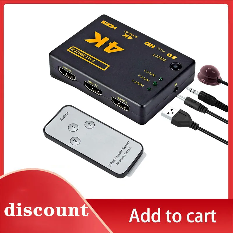 

3 Port Audio Splitter Switcher In 1 Out Hub Box Remote Remote Control 1080P HD TV HDMI-compatible Switch for Computers Notebook