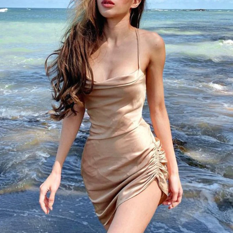 

Luxury Women Satin Dress Summer Suspender Mini Dress Backless Lace-up Cross Bandage Bodycon Dress Women Sexy Party Dresses