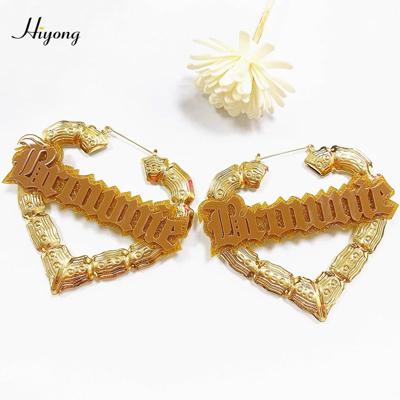 

HIYONG Personalized Bamboo Hoop Earrings Customized Name Earrings Heart Shape Custom Earring Hipop Acrylic Letter Jewelry