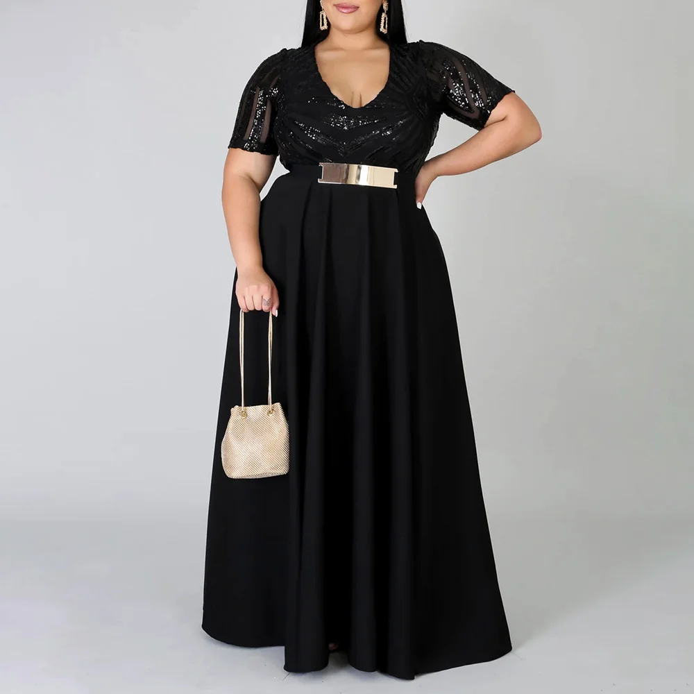 Сексуальное женское платье с блестками элегантное одноцветное размера плюс