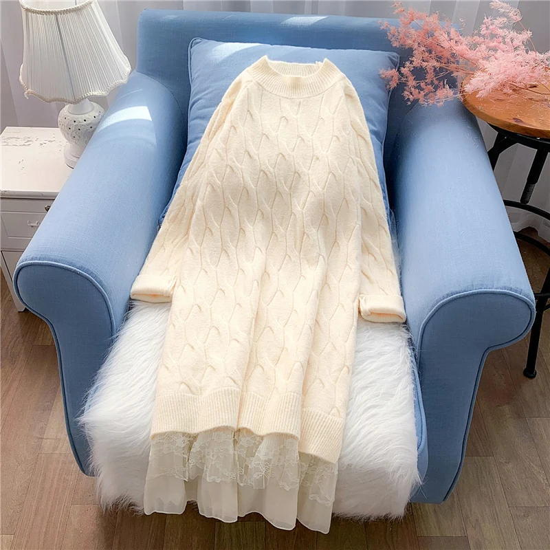 

Mesh Patchwork Women Dresses Winter New Solid Straight Knee-Length Lady Elegant Thiken Warm Twisted Pulls Outwear Tops