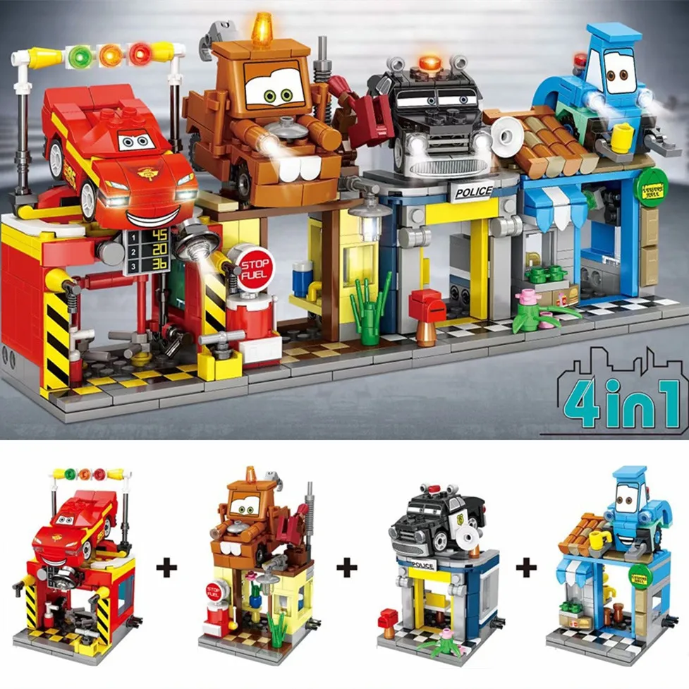 4 шт./лот аниме Мультяшные автомобили 2 магазин уличный вид Строительные блоки