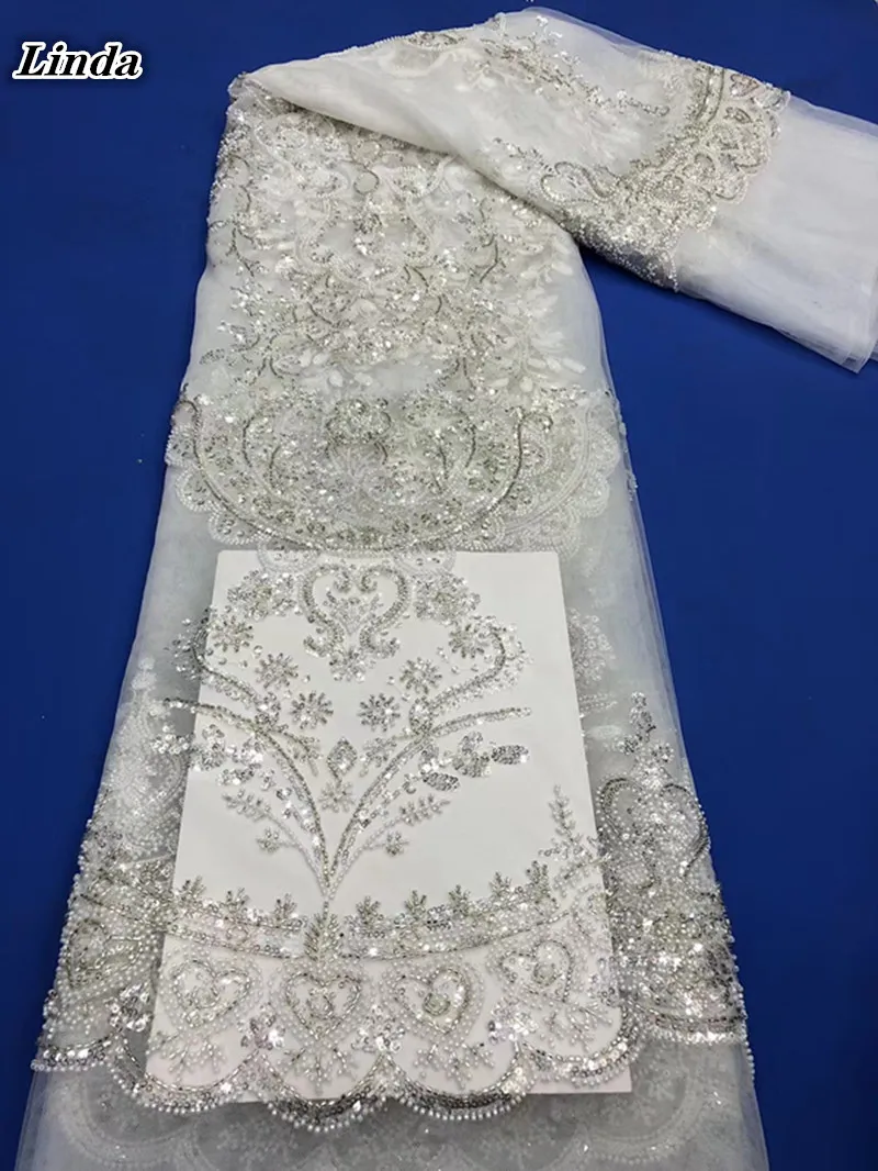 

Linda High Quality Sequin Lace Fabric 2021 New Arrival African Lace Fabric With Beads Tulle Lace Fabric For Wedding Dress