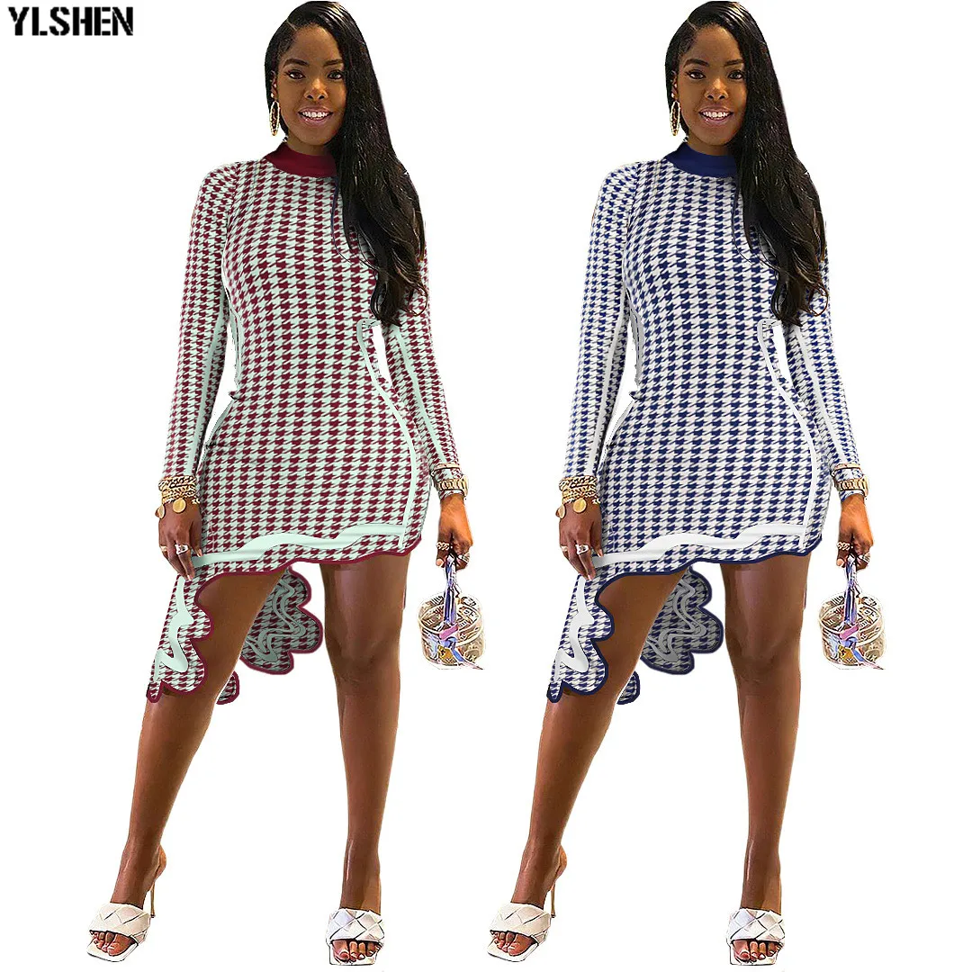 

S-XL Irregular Grid Party Bodycon Dress African Dresses for Women Vetement Femme 2021 Fashion New Dashiki Robe Africain Femme