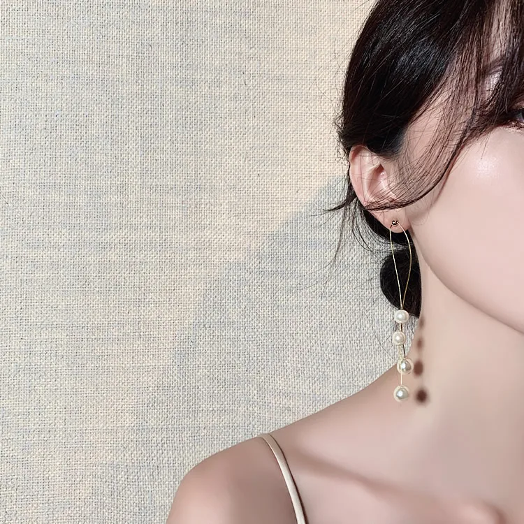 Женские длинные серьги с жемчугом элегантные подвески со змеиной цепочкой и