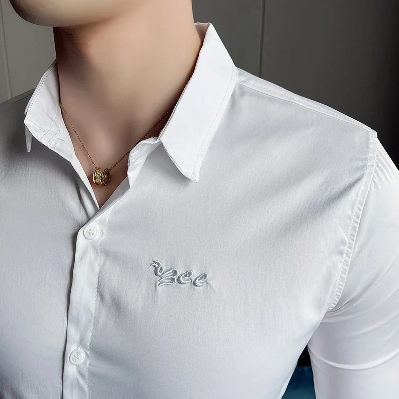 Solid Embroidered Logo Shirts for Men Slim Business Casual Shirt 2021 Autumn Long Sleeve Business Dress Shirt Social Party Tops