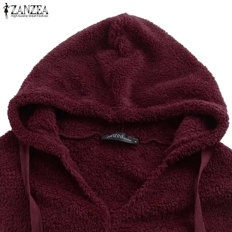 ZANZEA, зимние женские флисовые одноцветные толстовки с капюшоном, пуловер, дамские свитшоты, Повседневная теплая толстовка с длинным рукавом, женские толстовки с капюшоном