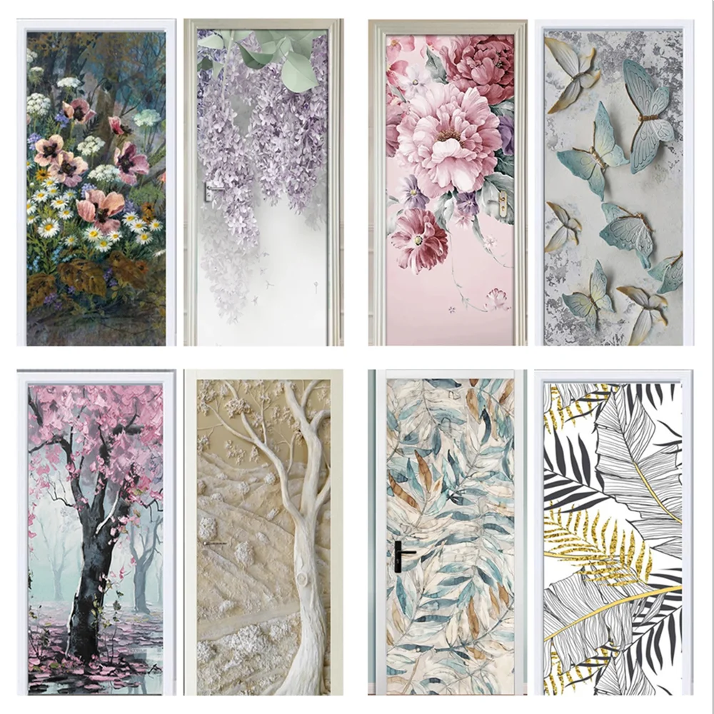 

Fashion Modern Door Wall Paper Vinyl Art Flower Butterfly Tropical Palm Leaves Wall Stickers Modern Art Vinyl Decal Wall Mural
