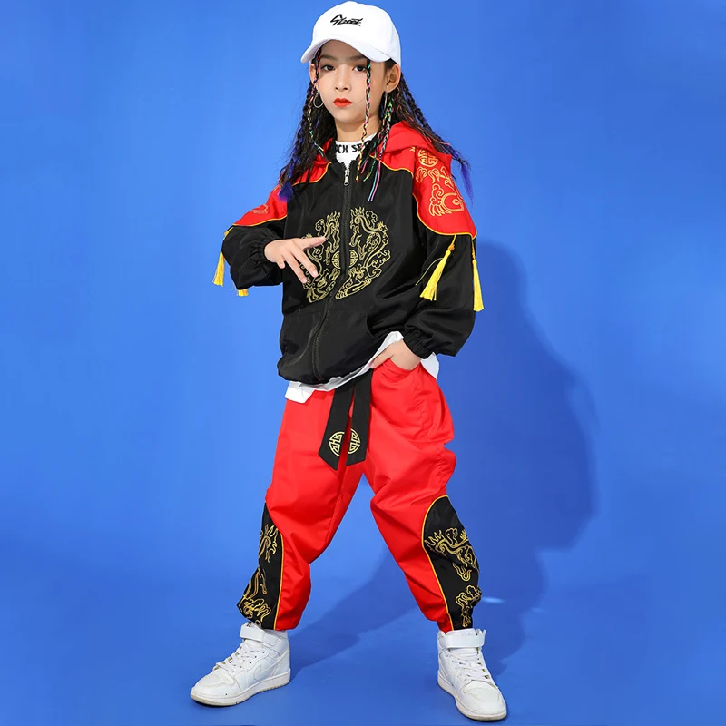 

2021 Hip Hop Costumes Kids Street Dance Clothing Suit Hooded Sweater Black Tops Hip Hop Girls Red Pants Performance Stage Wear