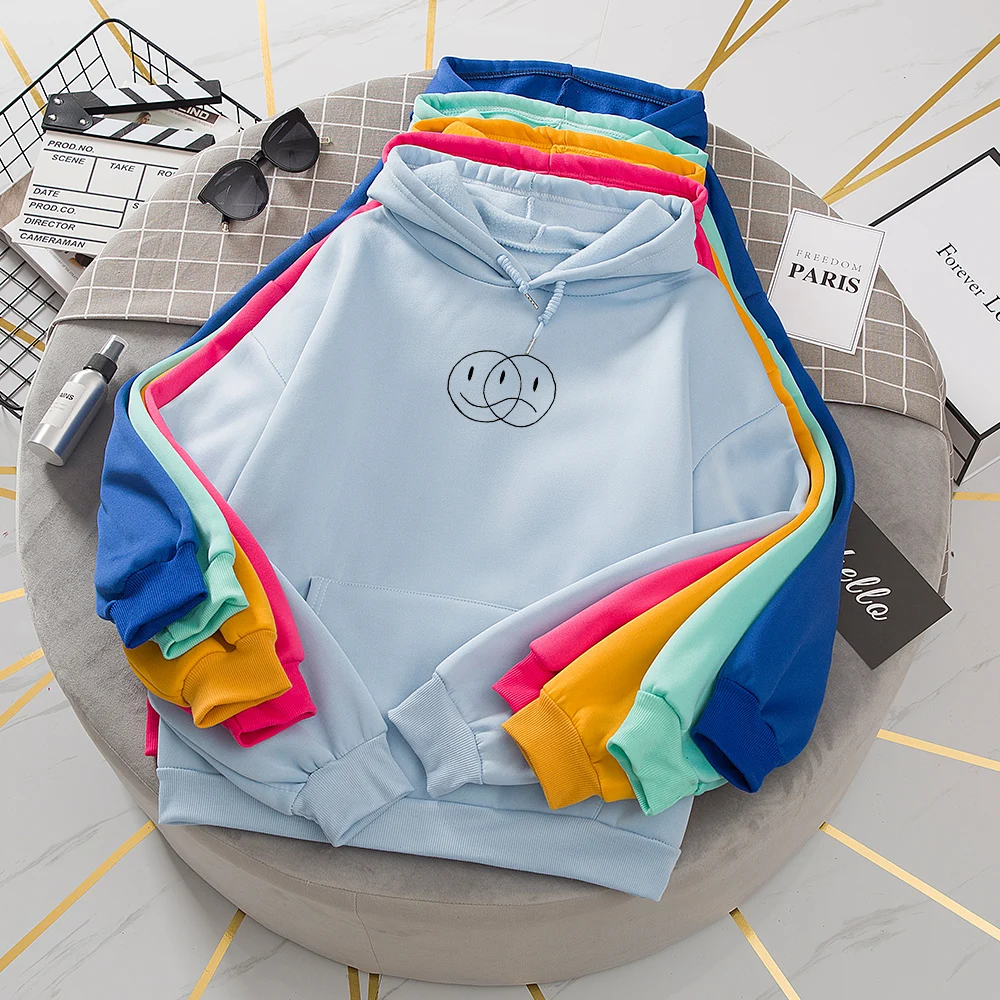 

Korean Streetwear Sweatshirt Men Women Casual Pullover Hip Hop Long Sleeve Smile Sad Face Line Print Hoodies Sportswear Tops