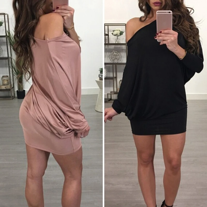 

Fashion Mini Long Sleeve Loose Dresses Sexy Off Shoulder Package Hip Dress Spring Autumn Women Slash Neck Dresses